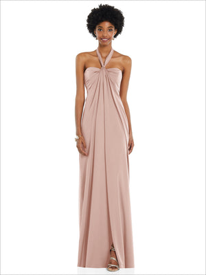Powder pink satin Grecian column gown with gathered halter neckline bow