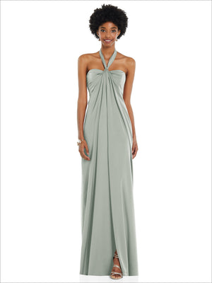 Sage green draped satin Grecian column gown with halter tie and convertible straps