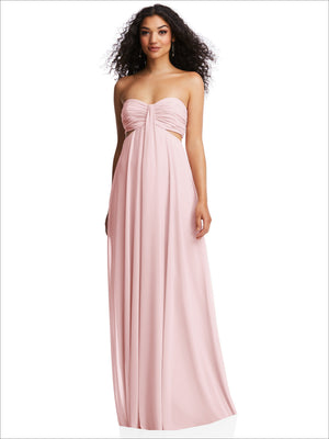 Strapless empire waist maxi dress in dusty pink with ruched bust cutout and floor-length hem