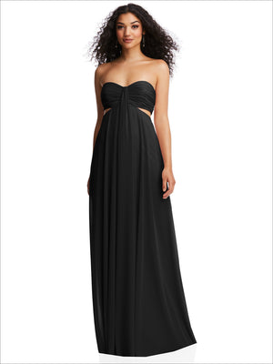 Black strapless empire waist maxi dress with ruched sweetheart bodice and long draped skirt
