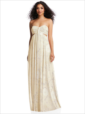 Ivory strapless empire-waist maxi dress with draped sweetheart neckline