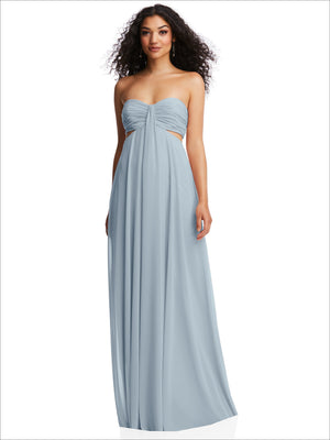 Sky blue strapless empire waist cutout maxi dress with gathered bodice