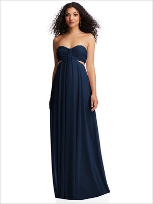 Deep blue strapless maxi dress with sweetheart bodice, gathered empire waist, front cutout