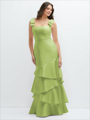 Light lime satin maxi dress with bow-shoulders and asymmetrical tiered skirt
