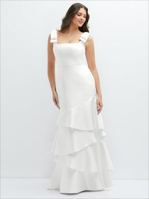 Bow-shoulder satin maxi dress in ivory cream, asymmetrical tiered skirt, front view