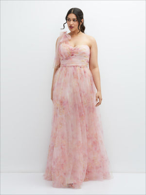 Rose floral tulle one-shoulder dress with scarf tie, long full skirt