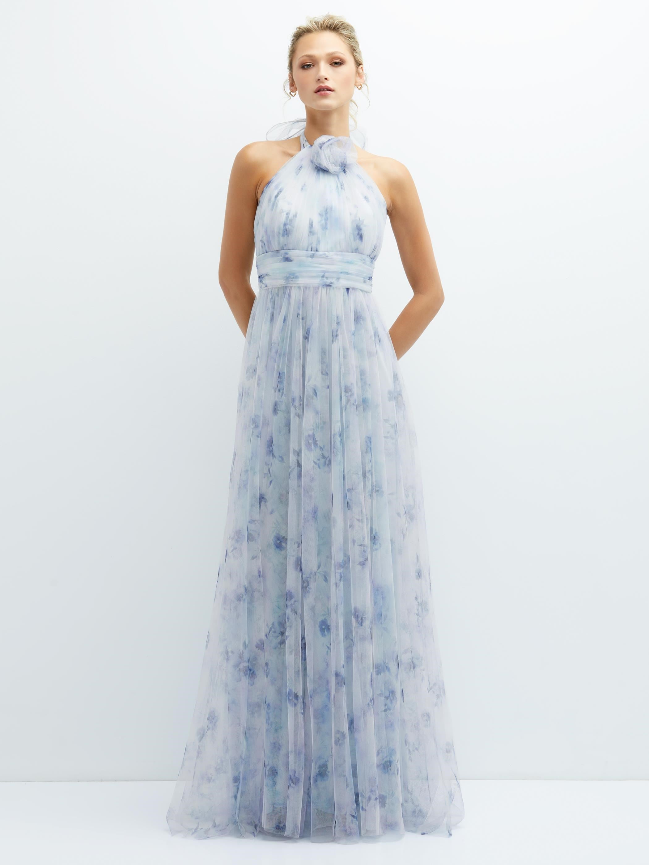 Floral Tie-Back Halter Tulle Dress with Long Full Skirt & Rosette Deta