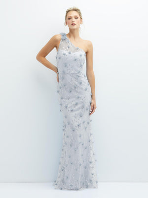 Light blue one-shoulder fit-and-flare dress with 3D floral embroidery, sleeveless