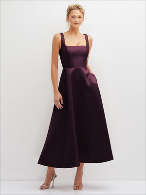 Burgundy satin square-neck midi dress with full skirt