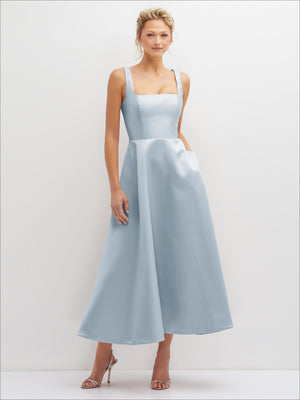 Light blue satin midi dress with square neckline and wide full skirt, front view