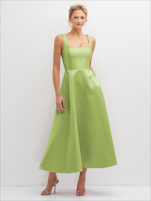 Lime green satin midi dress with sleeveless square neckline and full A-line skirt