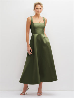Olive green satin midi dress with sleeveless square neckline and full A-line skirt