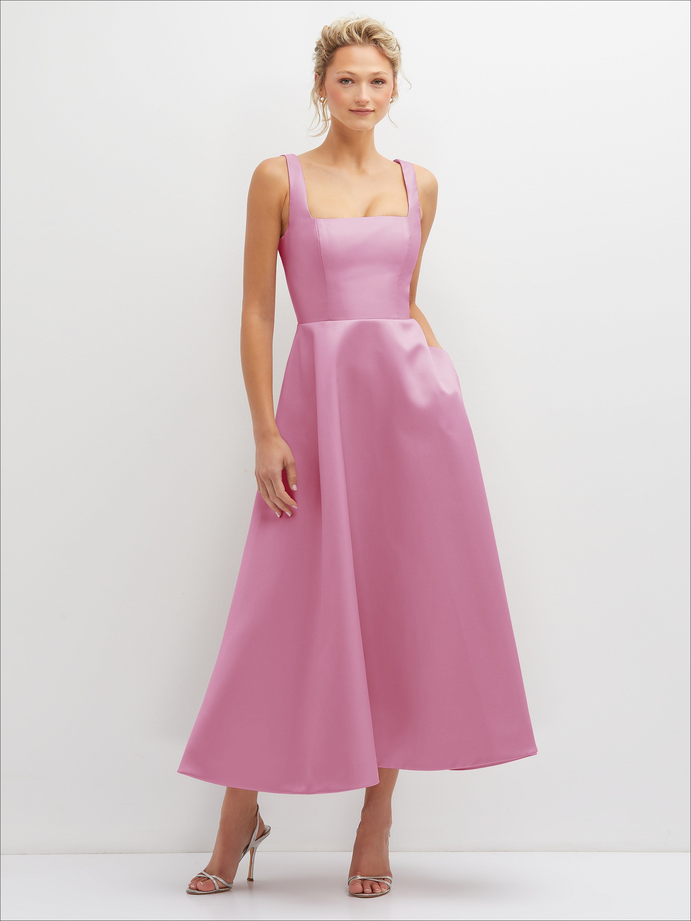 Square Neck Satin Midi Dress with Full Skirt & Pockets