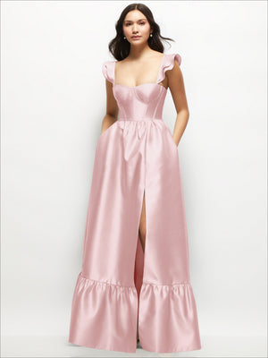Blush satin corset maxi dress with ruffle straps, sweetheart bodice, front slit