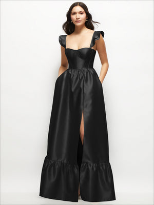 Satin corset maxi dress in black with ruffle straps and sweetheart neckline