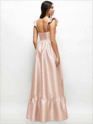 Light pink satin corset maxi dress, back view with ruffle straps and tiered hem