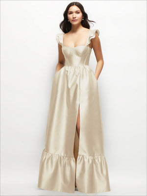 Ivory satin corset maxi dress with ruffle straps, sweetheart bodice and side slit