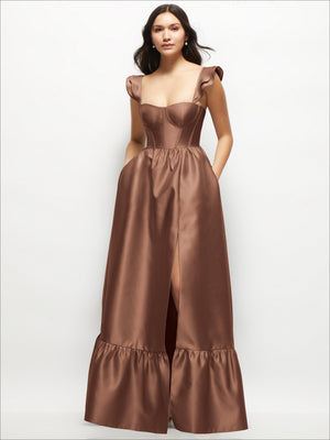 Satin corset maxi dress in dark brown with ruffle straps and tiered skirt