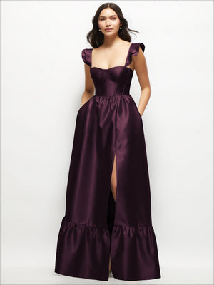 Satin corset maxi dress with ruffle straps, sweetheart bodice, side slit, deep plum
