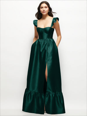 Satin corset maxi dress in deep green, ruffle straps, front slit, tiered skirt