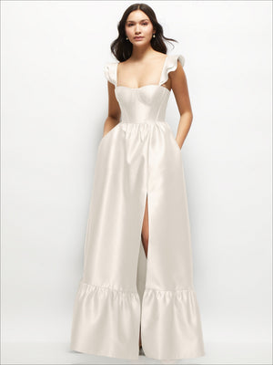 Ivory satin corset maxi dress with ruffle straps and tiered skirt, side slit