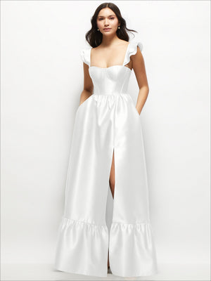 White satin corset maxi dress with ruffled straps, sweetheart bodice, side slit