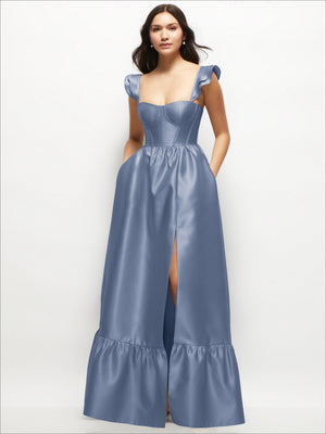 Satin corset maxi dress in periwinkle blue with ruffle straps and sweetheart neckline