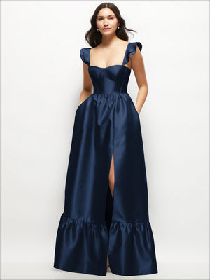 Satin corset maxi dress with ruffle straps, sweetheart neckline, side slit, dark navy