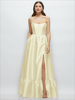 Strapless satin maxi dress with corset bodice and ruffle hem, light ivory