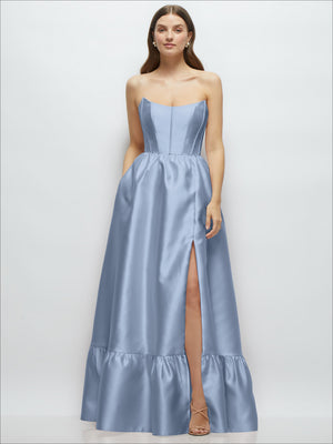 Light blue strapless maxi dress with fitted bodice, gathered ruffle hem, side slit