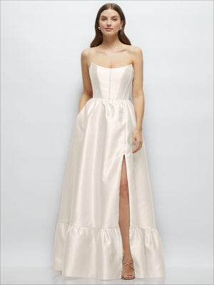 Strapless maxi dress with boned bodice and ruffle hem, ivory satin