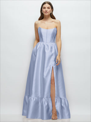 Light blue strapless maxi dress with boned bodice and ruffle hem, side slit detail
