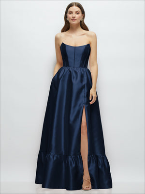 Strapless navy maxi dress with boned bodice and gathered ruffle hem, side slit