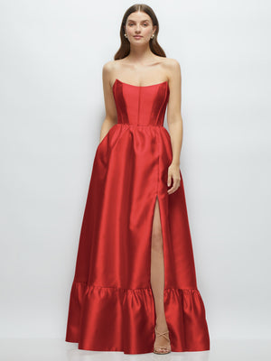 Red strapless maxi dress with boned bodice and tiered ruffle hem with side slit