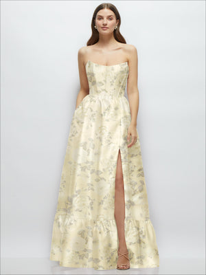 Cream floral strapless maxi dress with structured bodice and front slit