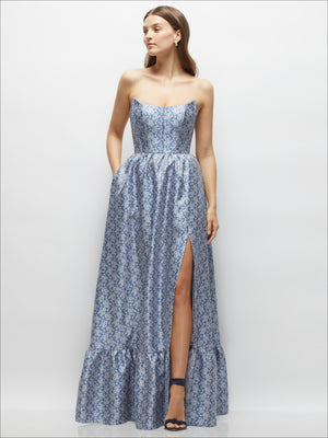 Chambray floral strapless maxi dress with fitted bodice, ruffle hem, front slit