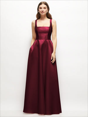 Square-neck satin maxi dress with full skirt, sleeveless straps, burgundy red