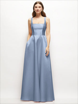 Satin square-neck maxi dress, sleeveless with full skirt in powder blue, standing front