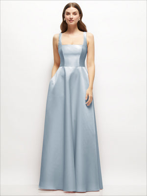 Satin square-neck maxi dress, sleeveless with full skirt in powder blue, centered front