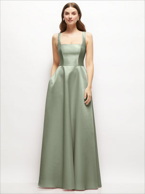 Square-neck satin maxi dress in sage green with full skirt and sleeveless straps