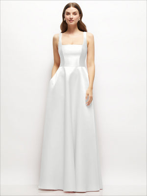 Pure white satin square-neck maxi dress with thin straps and full A-line skirt