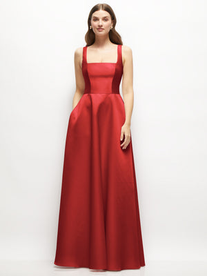 Square-neck satin maxi dress with full skirt, red sleeveless bodice