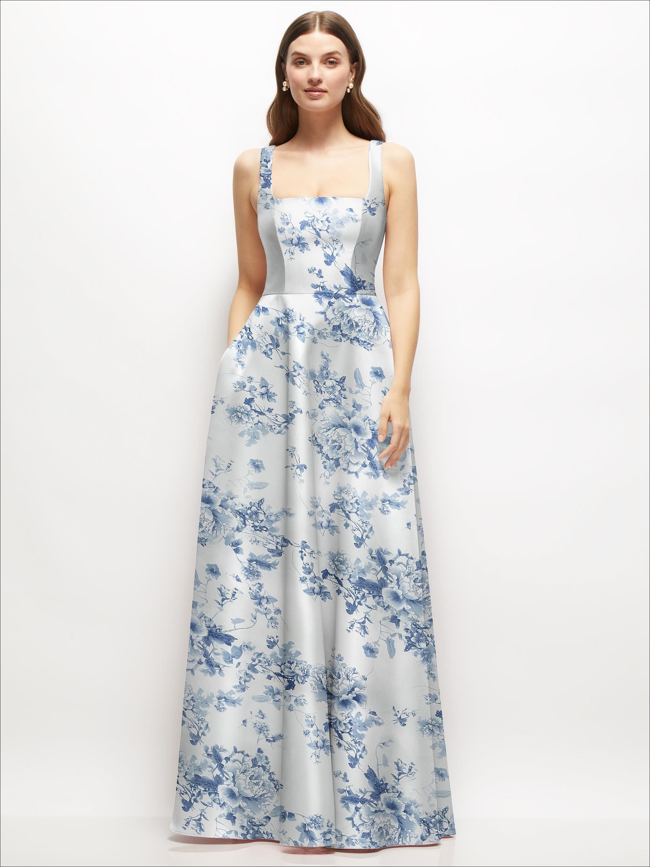 Floral Square-Neck Satin Maxi Dress with Full Skirt