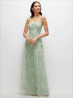Celadon green maxi dress with 3D floral sequin embroidery and petal-adorned straps