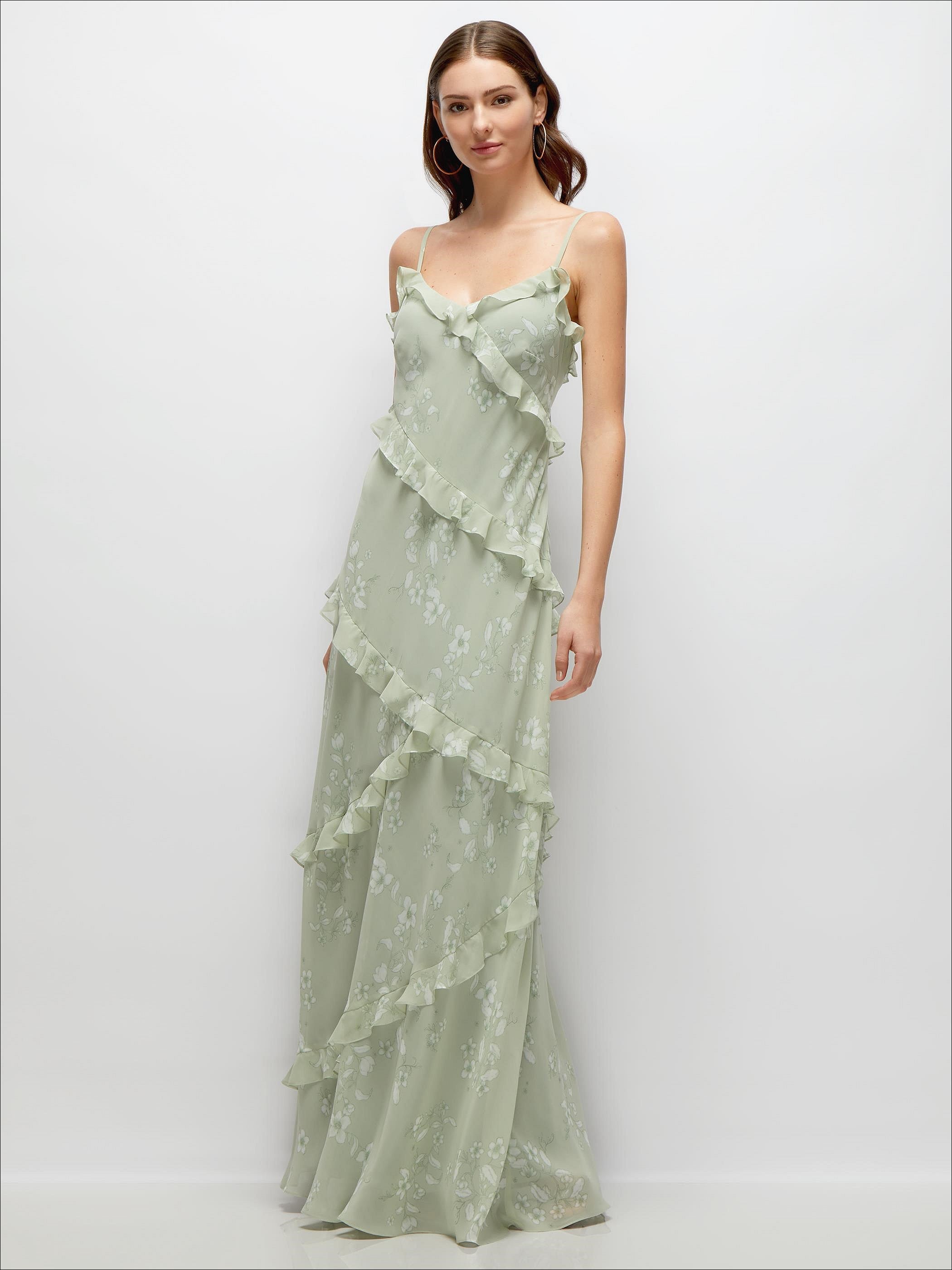 Asymmetrical Ruffle Chiffon Bias Slip Maxi Dress