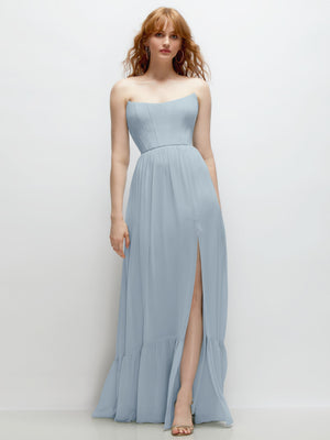 Strapless corset maxi dress with ruffle hem, pale blue with front slit