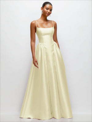 Ivory satin cami maxi dress with basque waist seam and gathered skirt