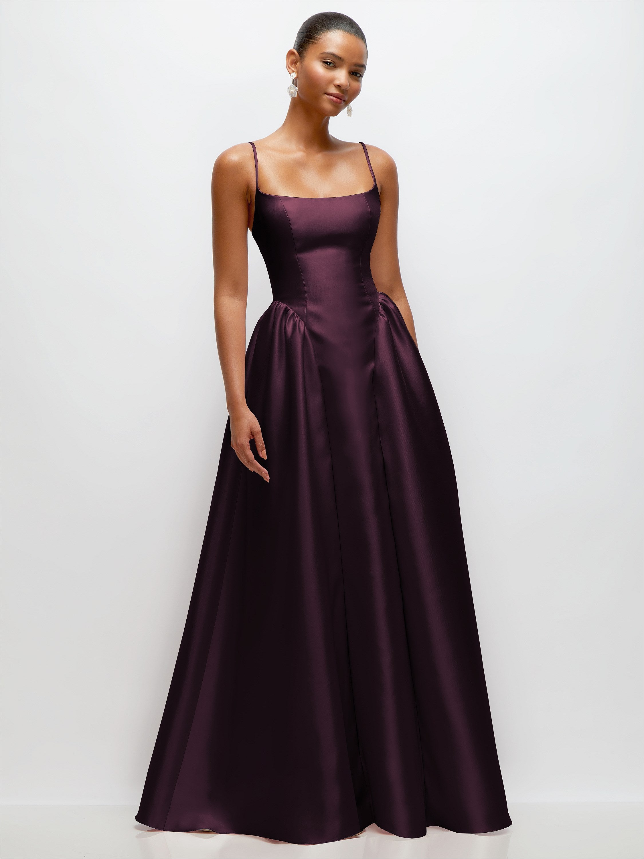 deep plum formal dress Scoop Neck Drop Basque Skirt Satin Maxi with Pockets 100% Polyester