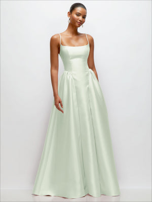 Satin maxi dress with thin straps and basque waist, pale mint green satin skirt.
