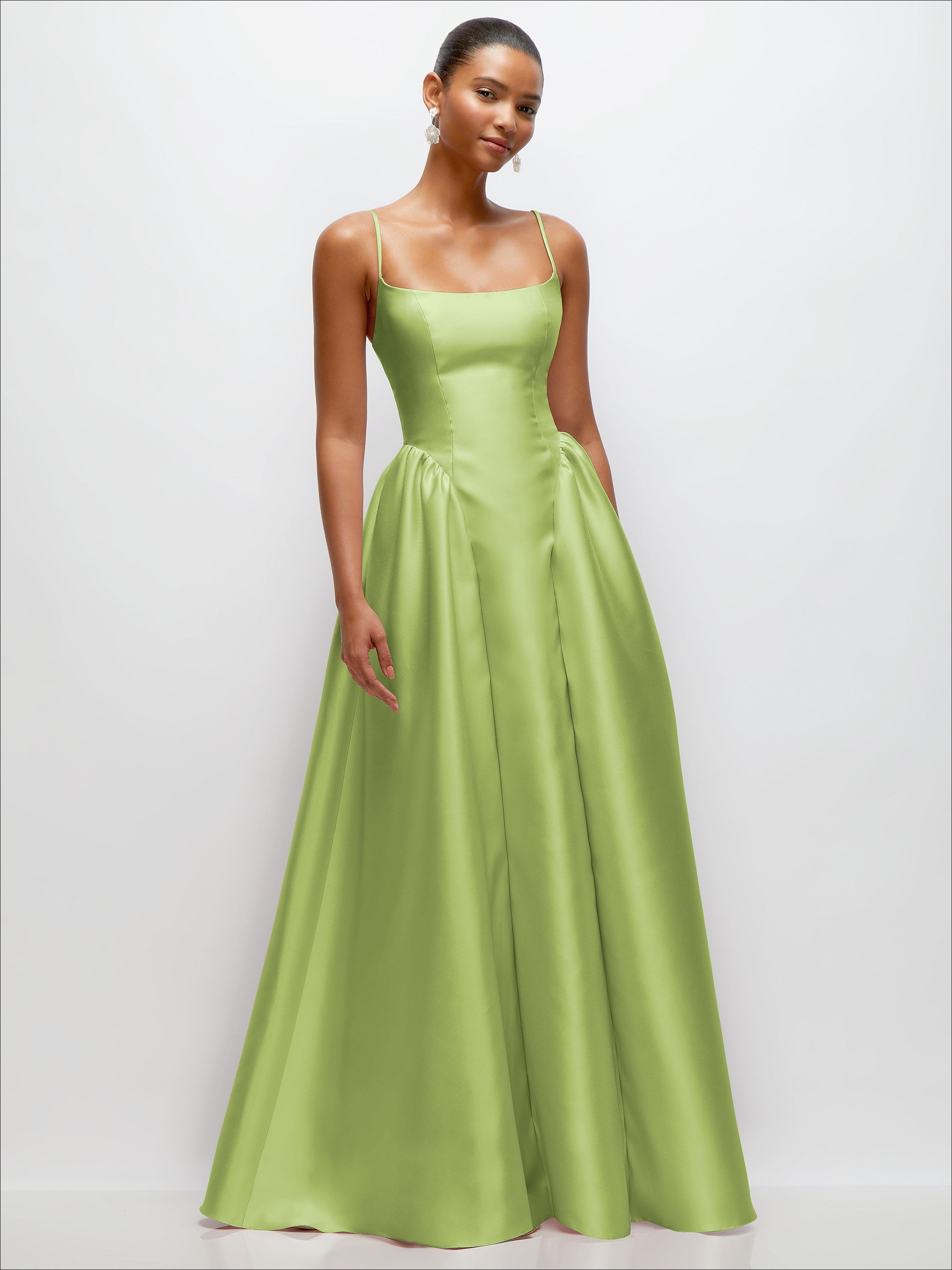 green basque dress Scoop Neck Drop Skirt Satin Maxi with Pockets formal gala dinner dress